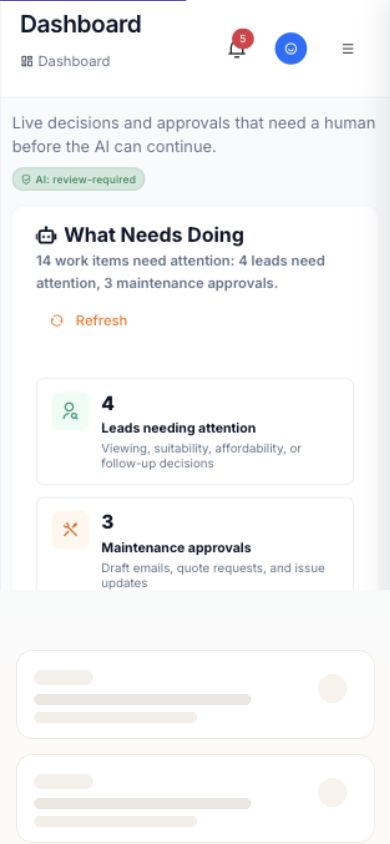 Autoprop iPhone dashboard showing agency work needing attention